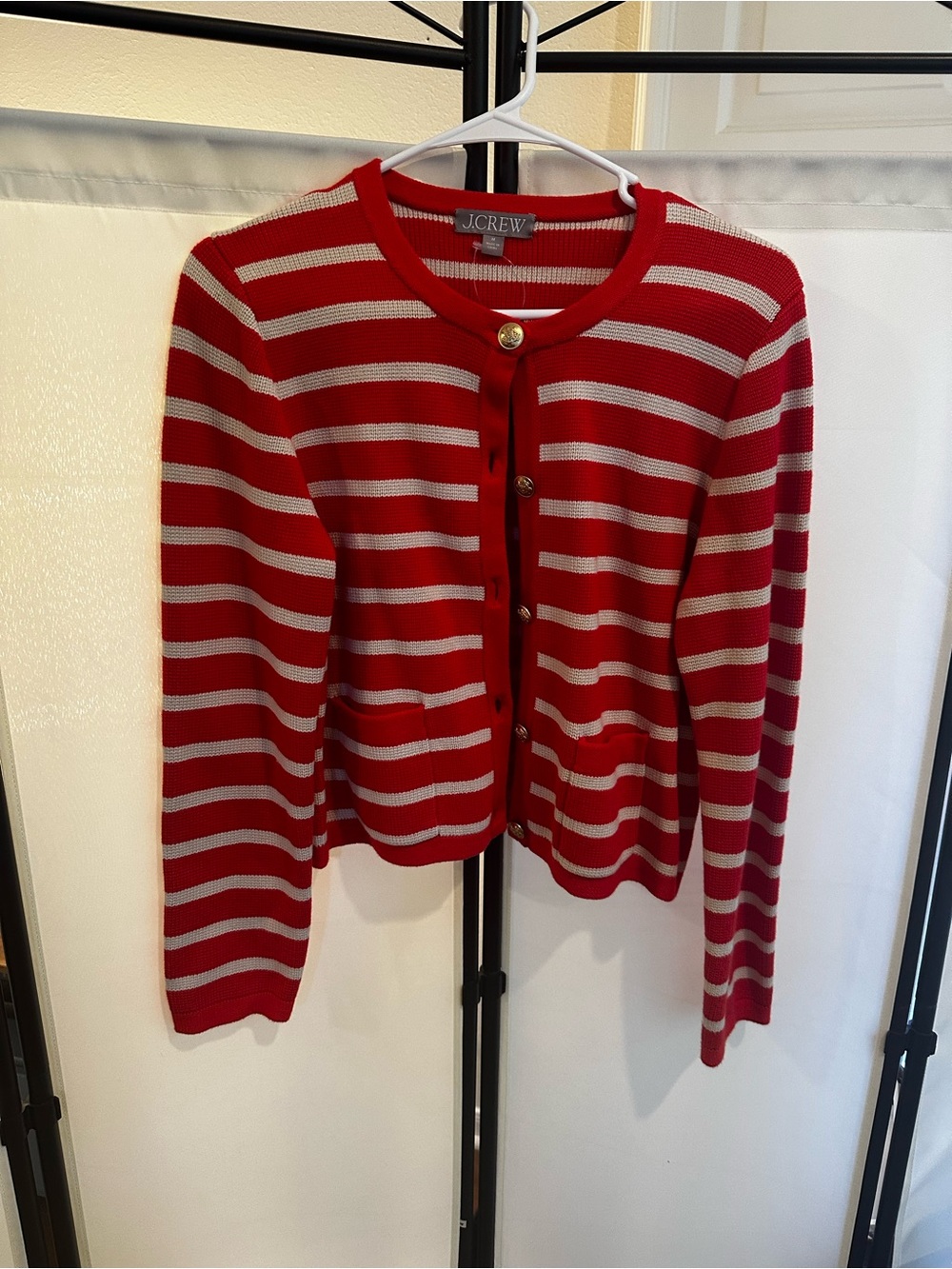 J. Crew Red and tan Striped Button Cardigan with Gold Buttons